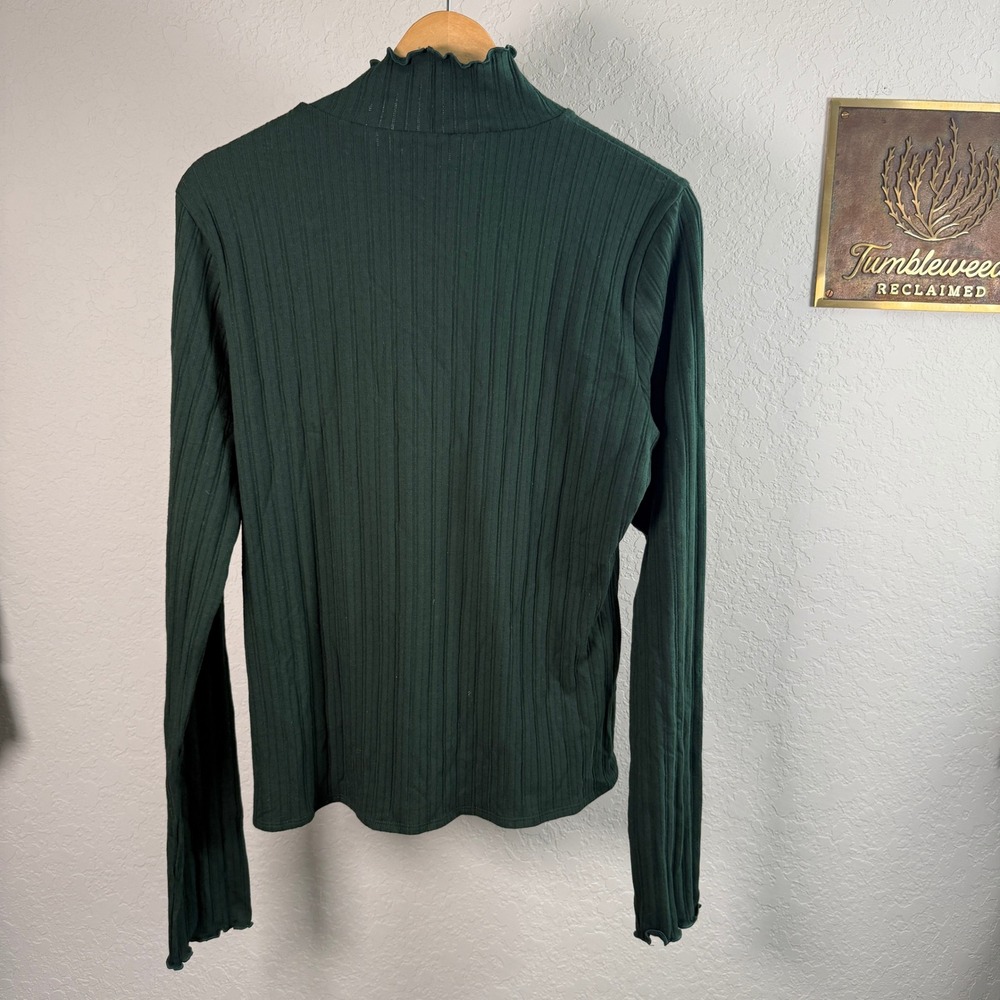 J.Crew Womens Forest Green Ribbed Mock Neck Lettuce Edge Long Sleeve Top Size L - Picture 9 of 9